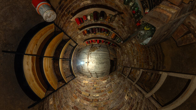 Panoramic view of circular cellar with jars and storage, hyperbolic projection