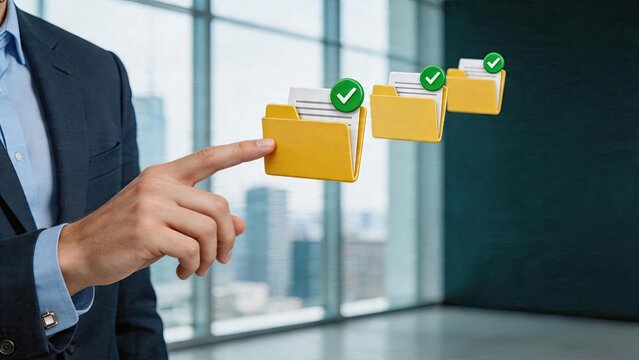 Businessman selecting digital folders cloud storage security data privacy management office technology concept