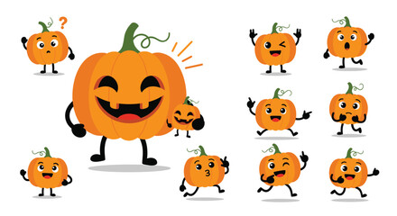 Naklejka premium Set of cute animated pumpkin characters for Halloween with various facial expressions and fun poses.