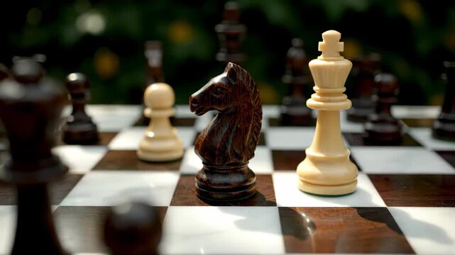 A wooden chessboard displays a chess game in progress with a white king and a dark knight in focus surrounded by other pieces and a blurred green background depicting strategy and competition