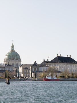 Frederick's Church or The Marble Church seen from the water, iconic green dome in Copenhagen, Denmark