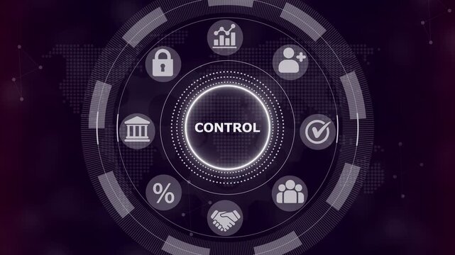 Digital interface showing the word control surrounded by a circular menu with various business and data on a dark purple background with a subtle map pattern