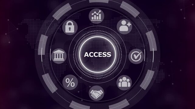 Digital interface showing the word access surrounded by a circular menu with various business and data on a dark purple background with a subtle map pattern