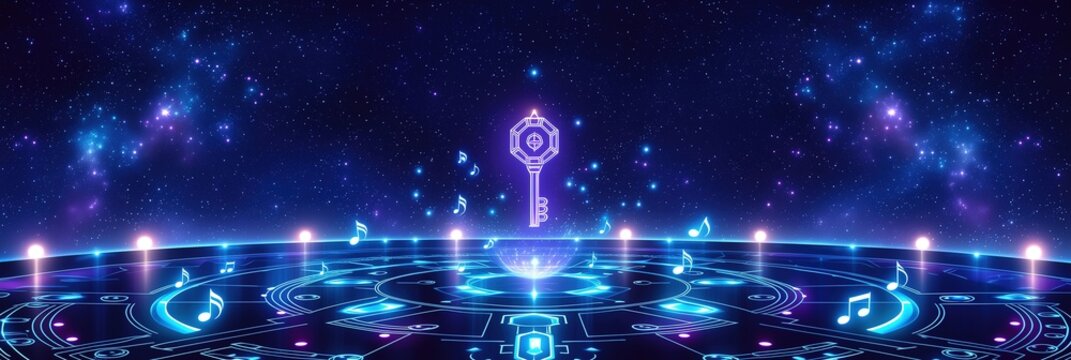 Cosmic starry sky background with glowing magic circle, Kpop music notes and key symbol, futuristic design for music game, fantasy event, digital backdrop