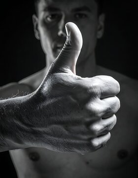 A shirtless man gives a thumbs-up in black and white