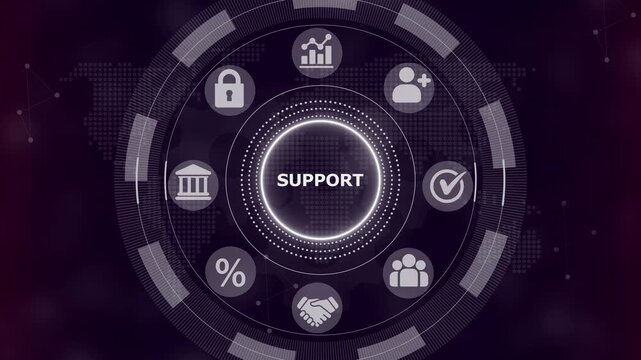Digital interface with a circular menu featuring the word support surrounded by for business growth security banking user management checkmark teamwork and percentage symbols