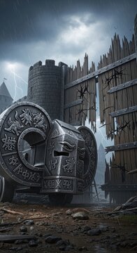 Heavy Iron Battering Ram Near Broken Medieval Fortress Gate