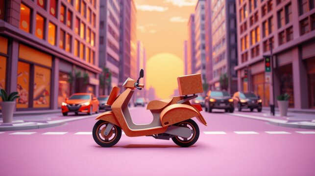 Stylized scooter rests on city street. Buildings line both sides, sunset glows behind. Warm tones dominate scene.