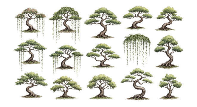 Collection of artistic bonsai trees and weeping willow illustrations