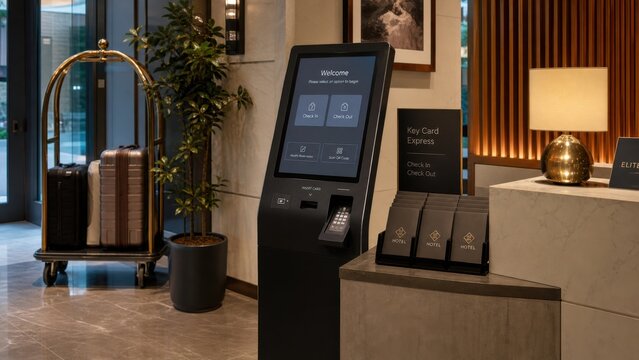 Check-in kiosk at hotel lobby with luggage and modern decor during daytime in urban setting
