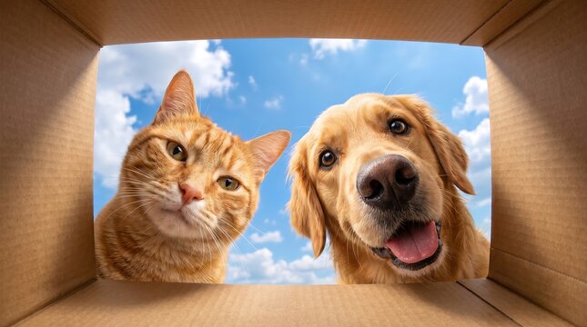Cat and dog peeking into a cardboard box. Wide angle close-up with exaggerated perspective, expressive faces and bright sky background.