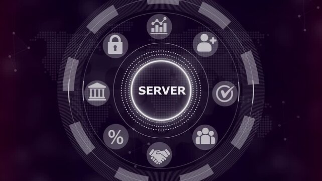 Digital interface featuring a central glowing button labeled server surrounded by circular representing data security and business analytics on a dark purple background