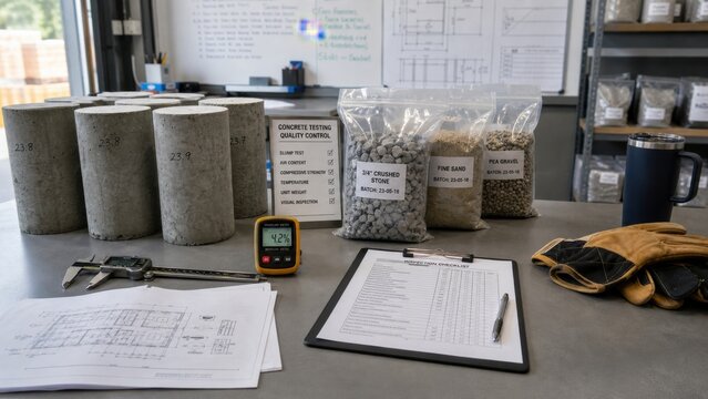 Construction site testing for concrete quality control with samples and measurement tools at the workbench during daylight hours