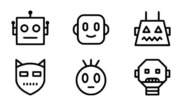 Modern stylized monoline robot face vector icon tiles with uniform bold black outlines