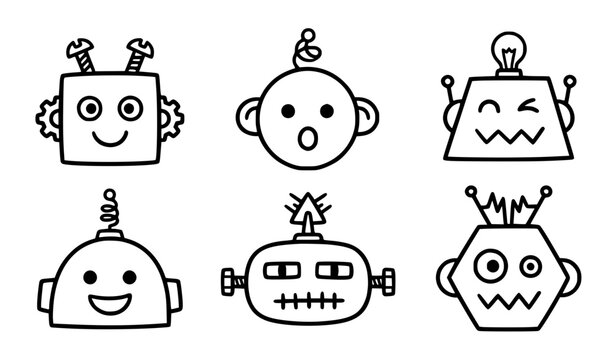 Cute and whimsical doodle robot face vector icon set with medium bold black outlines