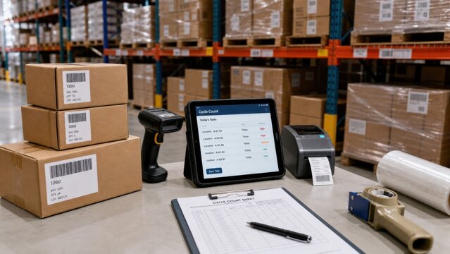 Warehouse inventory management process with boxes, scanning device, and digital screen showing count data in a storage facility