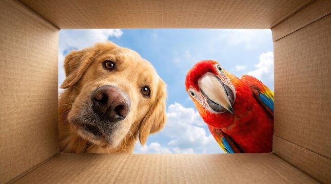 The dog and the parrot peeking into a cardboard box. Wide angle close-up with exaggerated perspective, expressive faces and bright sky background.