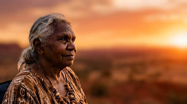 Portrait of a senior indigenous australian aboriginal woman looking at sunset in the outback