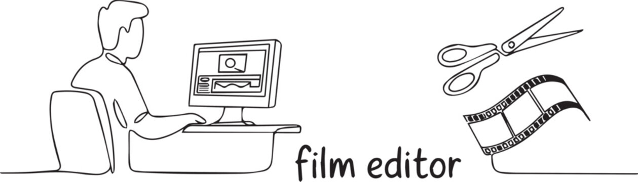 A film editor working on a computer with video editing software and film strip
