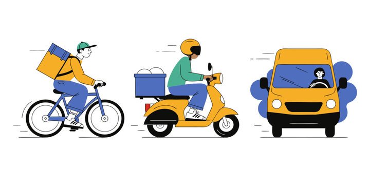 Three delivery modes: a cyclist with a yellow-and-blue cargo box, a rider on a yellow scooter with a blue rear container, and a yellow delivery van with a visible driver, representing bicycle.
