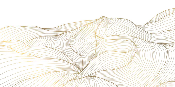 Abstract mountain landscape with flowing gold lines, dunes, waves, minimalist Japanese style. Luxury vector background, desert and ocean elements, zen geometry, travel poster, wallpaper.