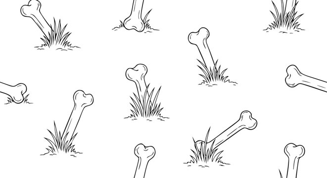 Seamless dog bone pattern with grass elements line art, playful pet background design for fabric, wallpaper, wrapping paper, and animal themed graphics use