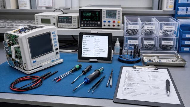 Workstation for electronic equipment repair with tools and devices arranged on a table in a technical environment