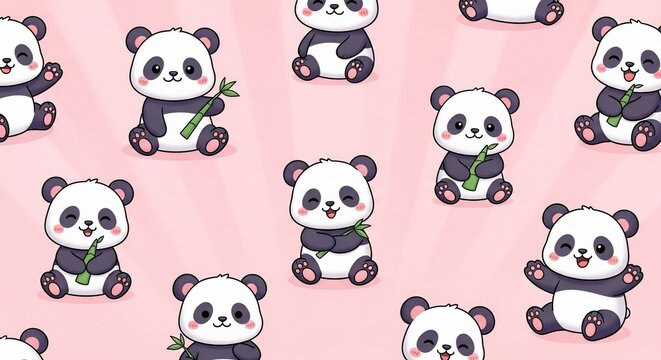 Adorable Kawaii Panda Pattern: Soft Pink Background, Bamboo Delight, Playful Moments