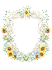 Obraz premium Watercolor summer crest, monogram frame, sunflower floral frame PNG, ornate arrangement, hand-drawn illustration