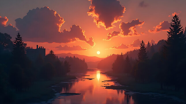 sunset silhouette rural village by river dramatic clouds glowing horizon high contrast yet soft tones minimal layout strong negative space 