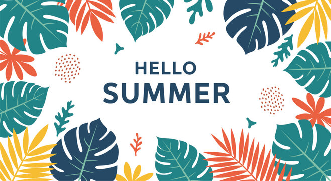 Vibrant tropical leaf border featuring monstera and palm fronds in various colors with the text Hello Summer in the center.