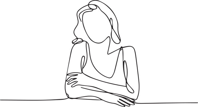 Continuous line drawing of a woman sitting with her arms crossed on a table