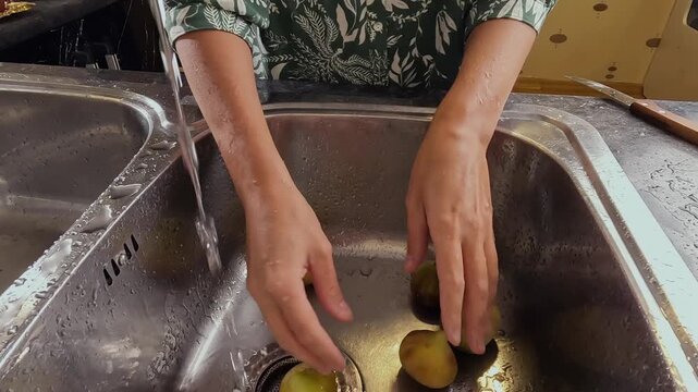 Woman washing fresh figs under running water in kitchen sink, front view of hands rinsing fruit, food preparation process, cleaning organic produce before cooking or eating