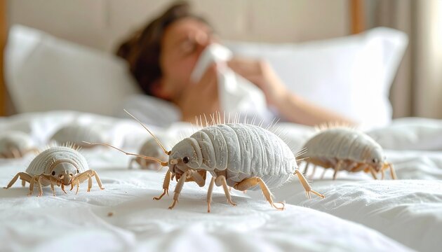 Close up of house dust mites on bed sheets with a sick person sneezing in the background representing indoor allergen and health issues.