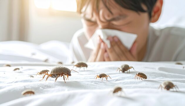 Young man suffering from severe allergies with many small insects crawling on his bed sheets causing health issues and discomfort at home.