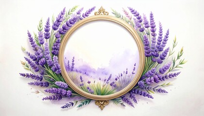 Fototapeta premium Elegant round frame decorated with fresh purple lavender flowers on a white background for weddings and wellness themed design projects.