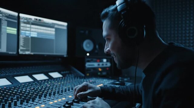 Professional Sound Engineer Working at Large Audio Mixing Console in Music Studio Wearing Headphones and Smiling