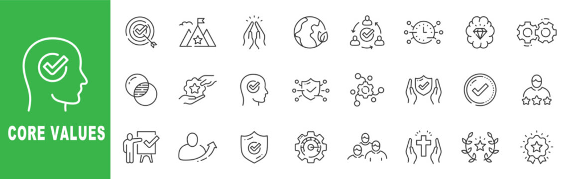 Core values outline icon set featuring integrity, leadership, sustainability, teamwork, excellence, editable stroke vector design for corporate business culture.