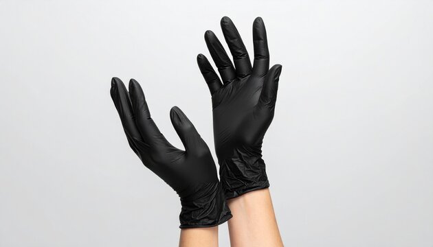 A person wearing professional black nitrile gloves isolated on a clean white background for medical safety and industrial protection usage.