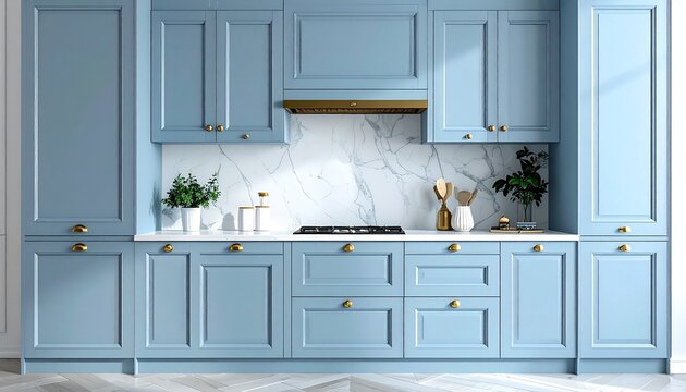 Modern luxury kitchen interior with stylish blue wooden cabinets and white marble backsplash featuring elegant gold hardware and home decor.