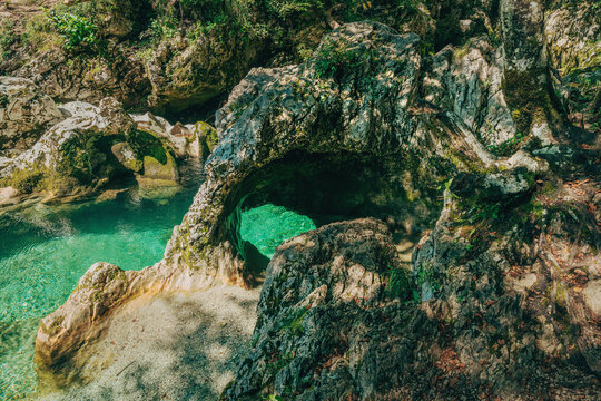 Natural rock formation known as Little Elephant in the crystal-clear Mostnica river gorge, Slovenia.