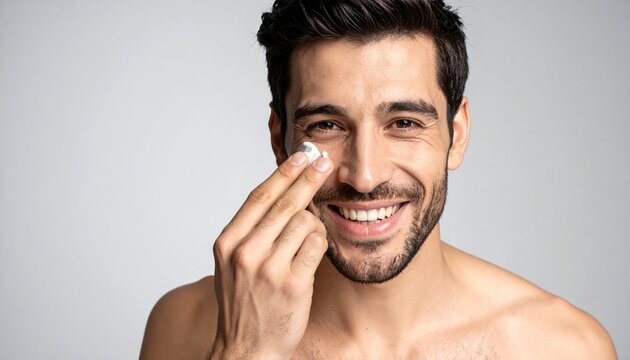 A smiling young man applying moisturizing face cream on his cheek for a clean and healthy skin care routine isolated on a plain background.