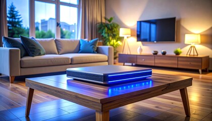 Fototapeta premium Modern smart home device with glowing blue LED lights placed on a wooden coffee table in a cozy living room with blurred background interior.