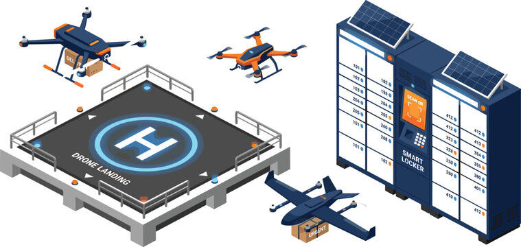 Isometric vector set of autonomous delivery drones landing pad and solar powered smart lockers.