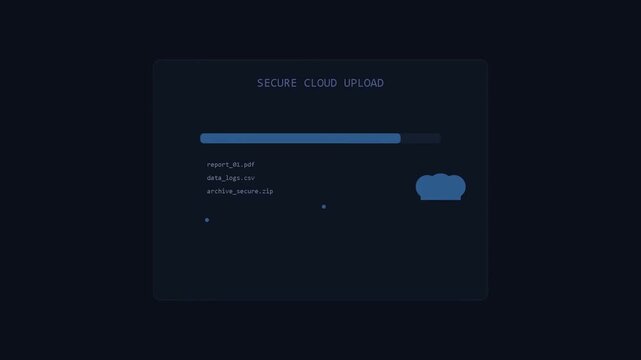 Secure cloud upload interface with progress bar, digital file transfer animation, dark blue technology dashboard for data storage and backup