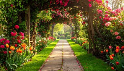 Fototapeta premium A picturesque garden path featuring an enchanting wooden rose archway surrounded by vibrant blooming flowers and lush green grass in spring.