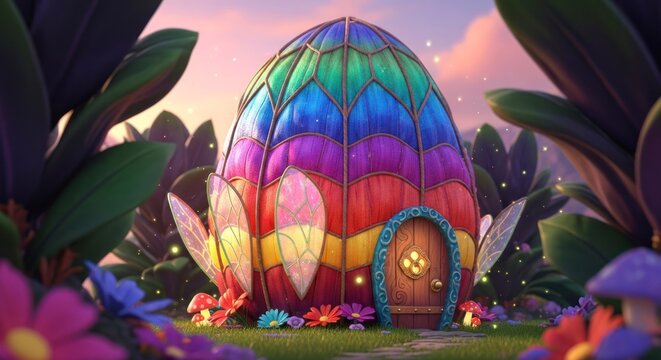 Estrutura fant&aacute;stica em forma de ovo com design colorido e ambiente de jardim.