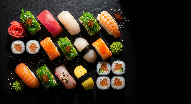 assorted sushi pieces arranged on a dark slate surface close up food photography high-quality professional detailed modern elegant stylish