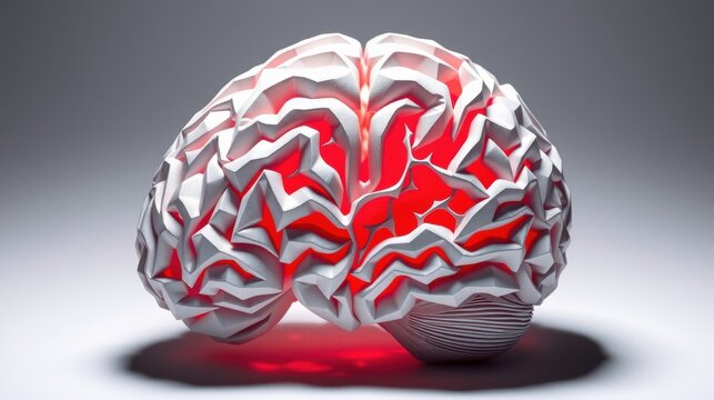Stylized brain illustration. White exterior reveals glowing red interior. Dramatic lighting creates strong shadows, emphasizing form.