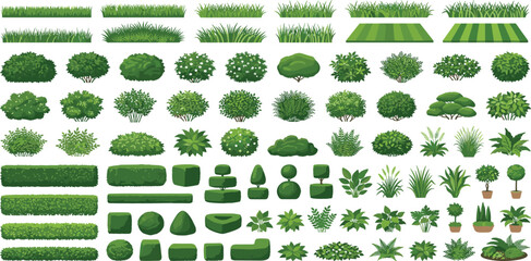 Large vector collection of garden plants featuring green bushes shrubs hedges grass and topiary elements. © MST HASMOTARA